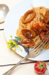 Italian Seafood Spaghetti Pasta On Red Tomato Sauce Stock Photo