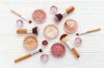 Makeup Powder Products With Brushes Flat Lay Stock Photo