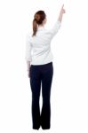 Young Business Woman Pointing At Wall Stock Photo