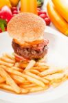 Classic Hamburger Sandwich And Fries Stock Photo