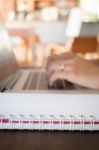 Opened Laptop On Wooden Work Table Stock Photo