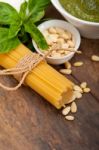 Italian Traditional Basil Pesto Pasta Ingredients Stock Photo