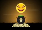 Halloween Witch Cauldron Skull Moon  Stock Photo