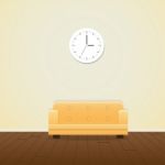 Clock On Yellow Wall And Yellow Sofa Minimal Stock Photo