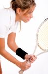 Female Tennis Player With Racket Stock Photo