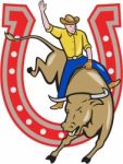 Rodeo Cowboy Bull Riding Horseshoe Cartoon Stock Photo