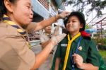 Student 9-10 Years Old, Welcome To Boy Scout Camp In Bangkok Thailand Stock Photo