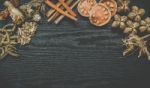 Dried Herbs And Ginseng, Top View Of Thai Herbs And Ginseng On Wooden Floor Stock Photo