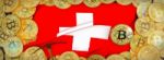 Bitcoins Gold Around Switzerland  Flag And Pickaxe On The Left.3 Stock Photo