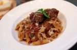 Hot Beef Penne Come In The White Plate Stock Photo