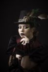 Steampunk Young Woman Emotional Portrait Stock Photo