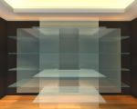 Glass Shelves In Black Empty Room Stock Photo