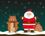 Santa Claus And Reindeer Raise Hands Standing Stock Photo