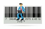 Man Sitting With Laptop In Barcode Stock Photo