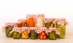 Variety Of Jars With Organic Vegetable Pickles Stock Photo