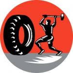 Tire Sledgehammer Workout Woodcut Stock Photo