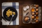 Eating Scrambled Eggs Flat Lay Still Life Stock Photo