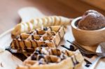 Belgian Waffles With Fruit And Chocolate, Forest Fruit, All Home Stock Photo