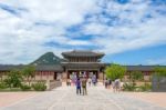 Seoul, South Korea - July 17: Tourists Taking Photos Of The Beautiful Scenery Around Gyeongbokgung Palace On July 17, 2015 In Seoul, South Korea Stock Photo