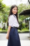 Portrait Of Thai High School Student Uniform Teen Beautiful Girl Happy And Relax, Stock Photo