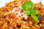 Gemelli Pasta With Homemade Tomato And Zucchini Sauce Stock Photo