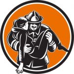 Fireman Firefighter Saving Girl Circle Woodcut Stock Photo