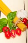 Italian Spaghetti Pasta Tomato And Basil Stock Photo