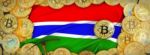 Bitcoins Gold Around Gambia  Flag And Pickaxe On The Left.3d Ill Stock Photo