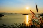 High Angle View Beautiful Lake At Sunset Stock Photo