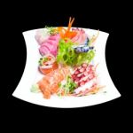 Mixed Sashimi In White Plate Isolated On Black Background,with C Stock Photo