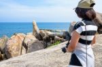 Woman Tourist On Viewpoint At Koh Samui Stock Photo