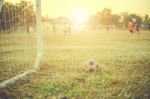 Old Football Vintage Photography With Soccer Goal With Lens Flare Effect Stock Photo