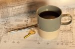 Coffee Cup On Working Table Stock Photo