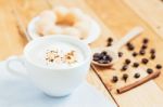 Closeup Coffee Foam And Bread Favorite Beverage In Bright Day Stock Photo