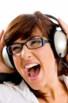 Shouting Woman Listening Music Stock Photo