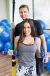 Workout With Couch At Fitness Club Stock Photo