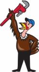 Turkey Plumber Raising Wrench Standing Cartoon Stock Photo