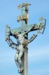 Statuary Of St Cross - Calvary On Charles Bridge In Prague Stock Photo