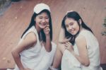 Two Asia Thai High School Student Best Friends Beautiful Girl Smile And Funny Stock Photo