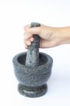 Stone Mortar And Pestle On White Background Stock Photo