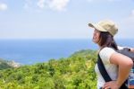 Women Tourist On Viewpoint At Koh Tao Stock Photo