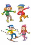 Set Of Children Playing In The Winter. Boys And Girls Skiing And Stock Photo