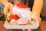 Serving Fresh Strawberry Crepe Cake Stock Photo