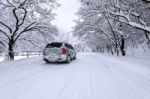 Car And Falling Snow In Winter On Forest Road With Much Snow Stock Photo