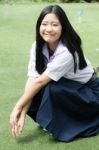 Portrait Of Thai High School Student Uniform Teen Beautiful Girl Happy And Relax, Stock Photo