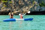 Travel By Boat With A Kayak Stock Photo