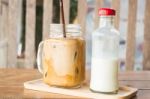 Homemade Iced Coffee Latte On Wooden Table Stock Photo