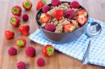 Bran Flakes With Fresh Raspberries And Strawberries Stock Photo