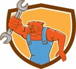 Bulldog Mechanic Holding Spanner Shield Cartoon Stock Photo