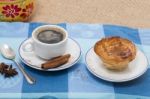 Expresso Coffee And Egg Custard Pastry Stock Photo